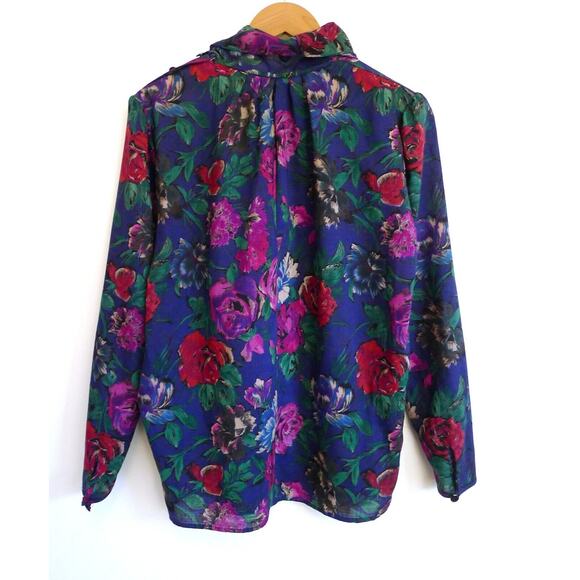 EMANUEL UNGARO TER Vintage 80s Wool Floral Tie Neck Secretary Blouse Top 6 - Picture 10 of 11